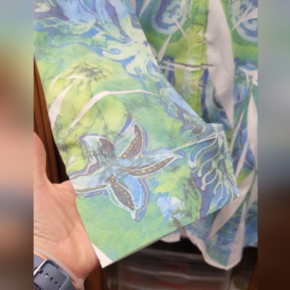 Las Olas 2X Green Blue Button Up 3/4 Sleeve - Picture 3 of 7